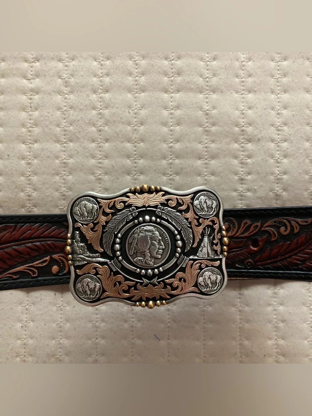 Justin Tooled Brown Leather Belt Men’s 32 Brown Indian Head Belt Buckle